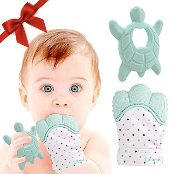 Liname 2 Pack Deluxe Teething Set Includes Teething Mitten for Babies & Teething Toy - Safe (BPA Free), Washable & Durable Teething Mitt - Gift Packaging (Mint)