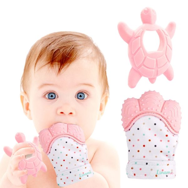 Liname 2 Pack Deluxe Teething Set Includes Teething Mitten for Babies & Teething Toy - Baby Chew Toy & Teething Glove - Safe(BPA Free) Infant Teething Mitt - Baby Teether Toy - Hand Teether for Babies