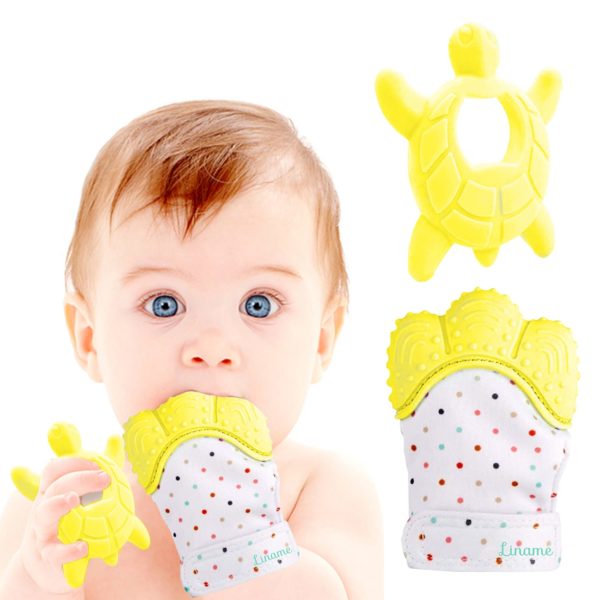 Liname 2 Pack Deluxe Teething Set Includes Teething Mitten for Babies & Teething Toy - Safe (BPA Free), Washable & Durable Teething Mitt - Gift Packaging (Yellow)