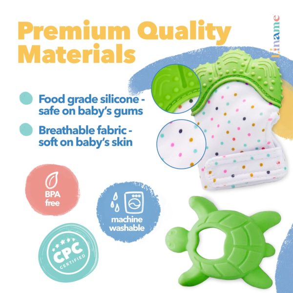 Liname 2 Pack Teething Mitten with Soothing Toy - Baby Chew Toy and Teething Glove- Infant Teething Mitten Crinkle Sound and Textured Silicone to Soothe Sore and Swollen Gums - Image 3