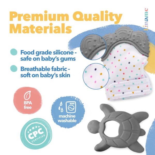 Liname 2 Pack Deluxe Teething Set Includes Teething Mitten for Babies & Teething Toy - Baby Chew Toy & Teething Glove - Safe(BPA Free) Infant Teething Mitt - Baby Teether Toy - Hand Teether for Babies - Image 2