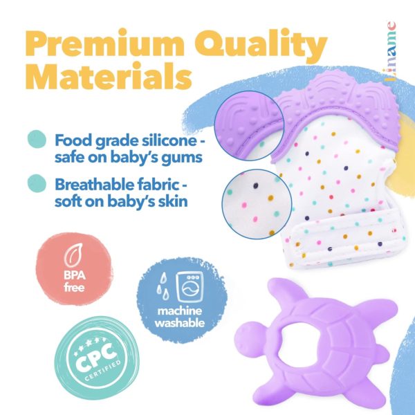 Liname 2 Pack Teething Mitten with Soothing Toy - Baby Chew Toy and Teething Glove- Infant Teething Mitten Crinkle Sound and Textured Silicone to Soothe Sore and Swollen Gums - Image 2