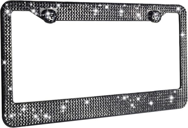 Handcrafted Acrylic Bling License Plate Frames for Women, Men | 1 Pack Bedazzled Cover with Glittery Screw Caps | Stainless Steel Clear Crystal Sparkle License Plate Frame/Cover (Black)