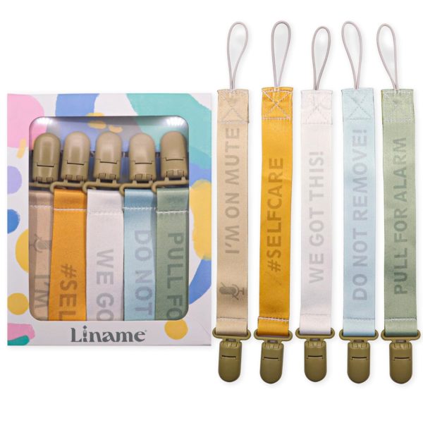 Liname Neutral Pacifier Clip with Cute Phrases - 5 Pack Pacifier Clips for Boys & Girls - Binky Holder Soothie Paci Clip Binkie Clip - Unisex Pacifer Clip Baby Pacifier Clip and Pacifier Holder