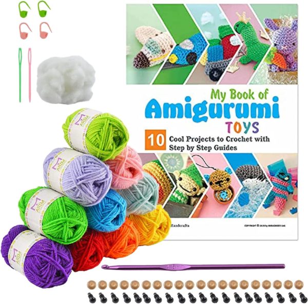 Crochet Kit for Beginners | Learn to Crochet Stuffed Toys | Amigurumi Guide Book with Step-by-Step Instructions on 10 Unique Projects| 32 Colored Yarn Skeins (700 Yards) and All Crochet Accessories