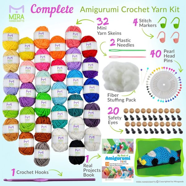 Crochet Kit for Beginners | Learn to Crochet Stuffed Toys | Amigurumi Guide Book with Step-by-Step Instructions on 10 Unique Projects| 32 Colored Yarn Skeins (700 Yards) and All Crochet Accessories - Image 2