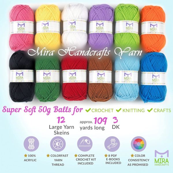Acrylic Yarn Skeins Large 1.76 Ounce(50g) Each Ã¢â‚¬â€œ12 Multicolor Knitting and Crochet Yarn Bulk Ã¢â‚¬â€œStarter Kit for Colorful Craft -7 Ebooks with Yarn Patterns -12 Pack + Accessories Set 1) - Image 3