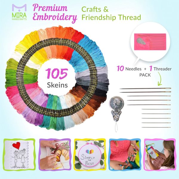 Premium 105 Embroidery Thread Skeins - Friendship Bracelet String Ã¢â‚¬â€œ Perfect Embroidery Floss Kit for Beginners Ã¢â‚¬â€œ Set of 10 Gold Eye Needles and 1 Threader Included Ã¢â‚¬â€œ DMC Color Card Included - Image 2