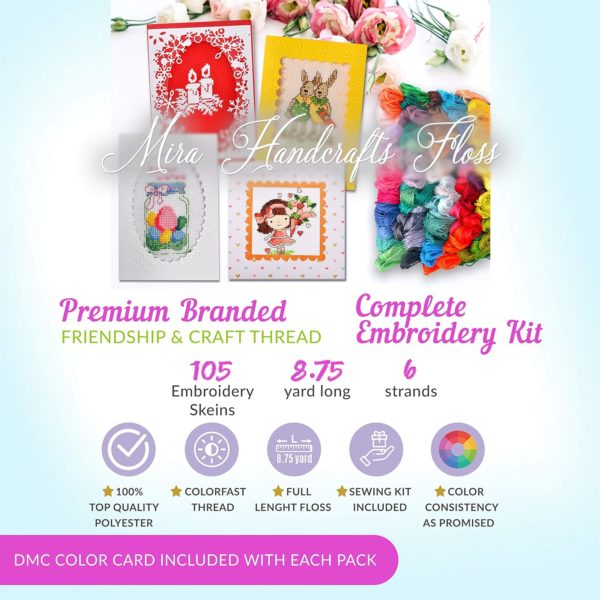 Premium 105 Embroidery Thread Skeins - Friendship Bracelet String Ã¢â‚¬â€œ Perfect Embroidery Floss Kit for Beginners Ã¢â‚¬â€œ Set of 10 Gold Eye Needles and 1 Threader Included Ã¢â‚¬â€œ DMC Color Card Included - Image 3