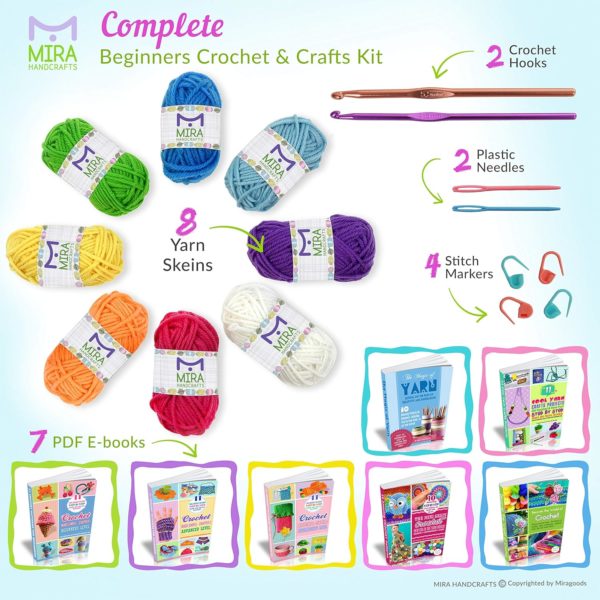 Mira Handcrafts Complete Yarn Starter Pack for Crochet, Crafts, Knitting Ã¢â‚¬â€œ Total of 176 Yards DK Yarn, 2 Crochet Hooks, 2 Sewing Needles, 4 Markers, 7 Ebooks with Yarn Patterns All Included - Image 3