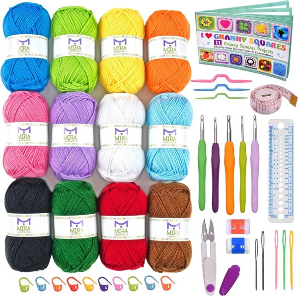 Acrylic Yarn Skeins Large 1.76 Ounce(50g) Each Ã¢â‚¬â€œ12 Multicolor Knitting and Crochet Yarn Bulk Ã¢â‚¬â€œStarter Kit for Colorful Craft -7 Ebooks with Yarn Patterns -12 Pack + Accessories Set 1)